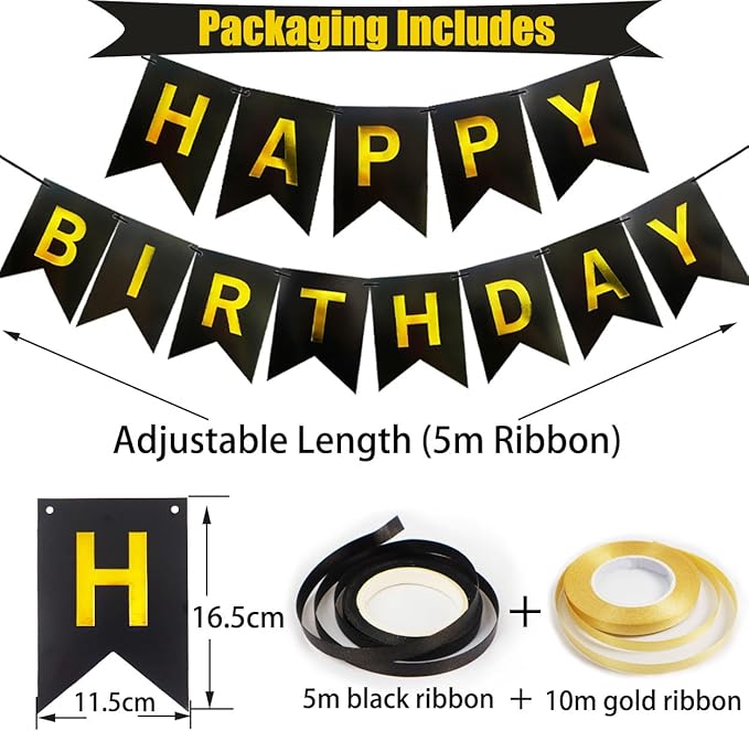 Happy Birthday Banner, Black Gold Birthday Decoration, 16 Pcs 12in