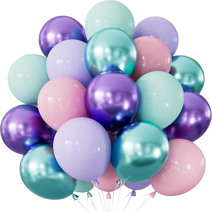 Mermaid Balloons - 12Inch Purple Pink Green Blue Balloons Glitter
