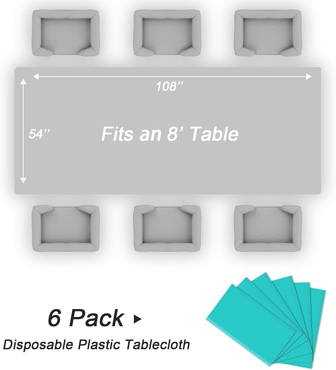 QIKSION Teal Plastic Table Cloth Disposable 6 Pack, 54 x 108 Inch
