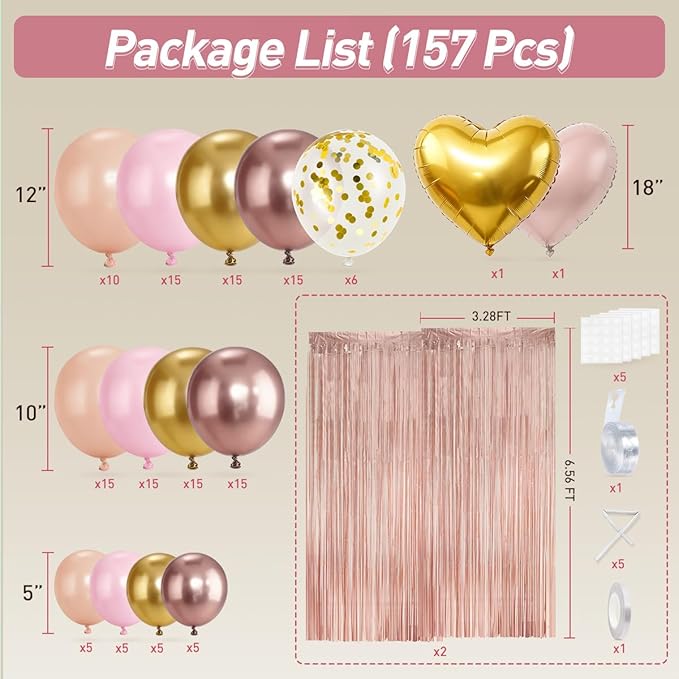 157PCS Rose Gold Balloon Garland Arch Kit with Fringe Curtain for