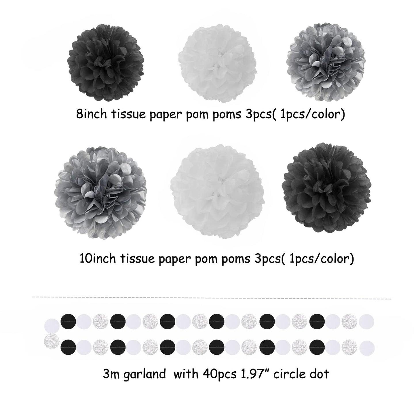 Black White Silver Party-Decorations Streamers - 23pcs Tissue Pom
