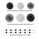 Black White Silver Party-Decorations Streamers - 23pcs Tissue Pom