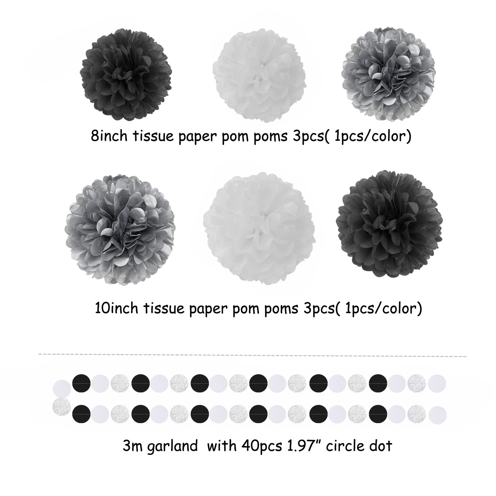 Black White Silver Party-Decorations Streamers - 23pcs Tissue Pom