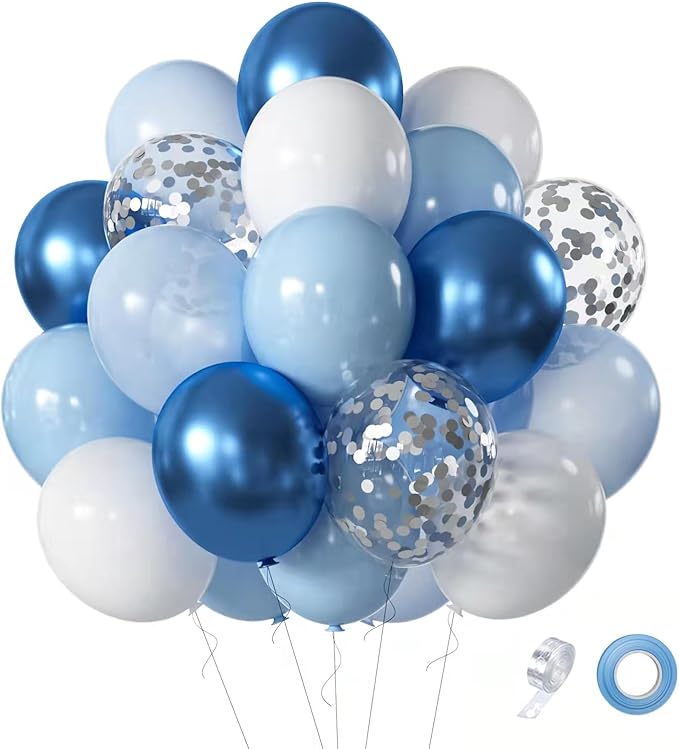 Blue White Balloons Set, 60 Pcs 12 Inch Metallic Chrome Blue Pearl