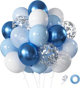Blue White Balloons Set, 60 Pcs 12 Inch Metallic Chrome Blue Pearl