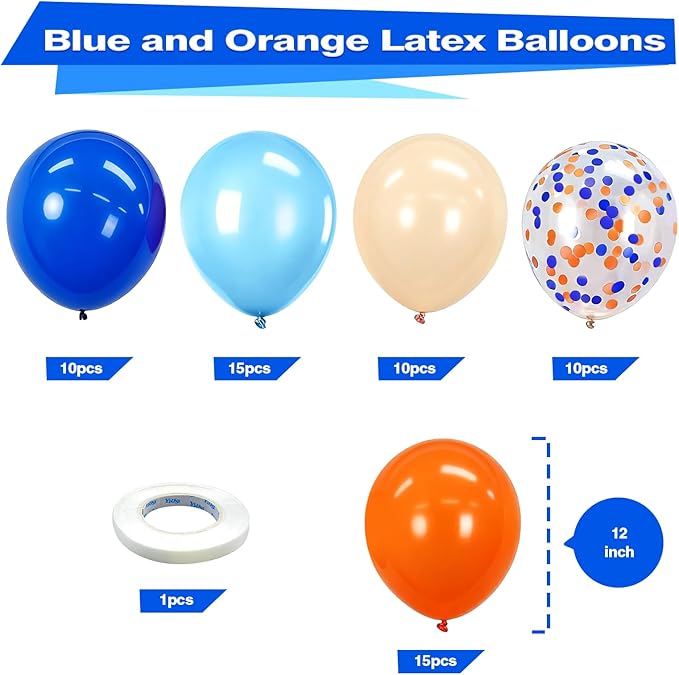 Bezente Orange and Blue Balloons Kit, 60pcs 12 inch Light Royal Blue