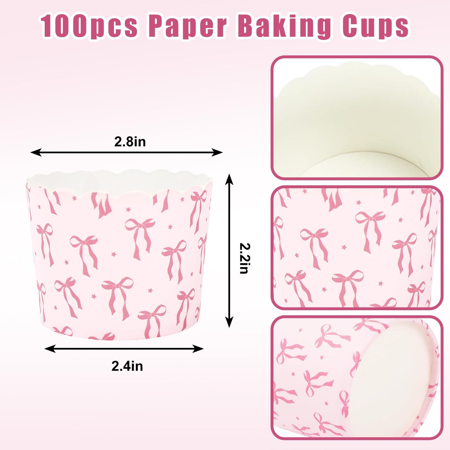 JarThenaAMCS 100Pcs Pink Bow Paper Baking Cups Bowknot Cupcake