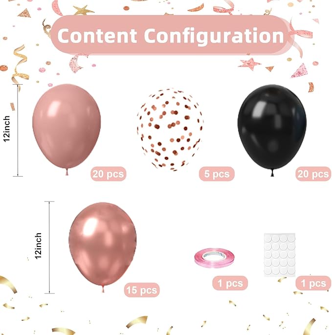 Black and Rose Gold Balloons, 60pcs 12Inch Black and Dusty Pink