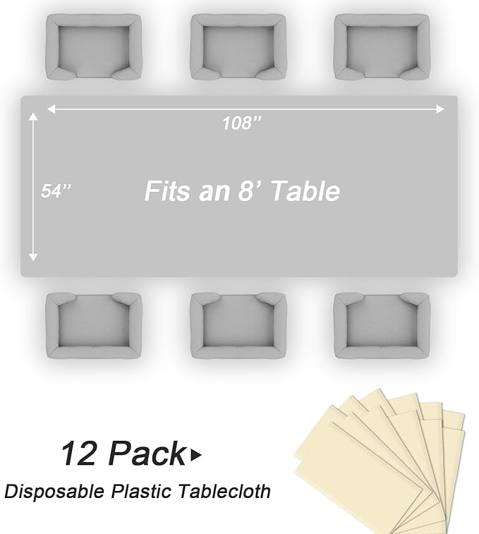QIKSION Ivory Plastic Table Cloth Disposable 12 Pack, 54 x 108 Inch