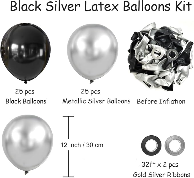 Black and Metallic Silver Balloons, 50PCS Black and Silver Balloons