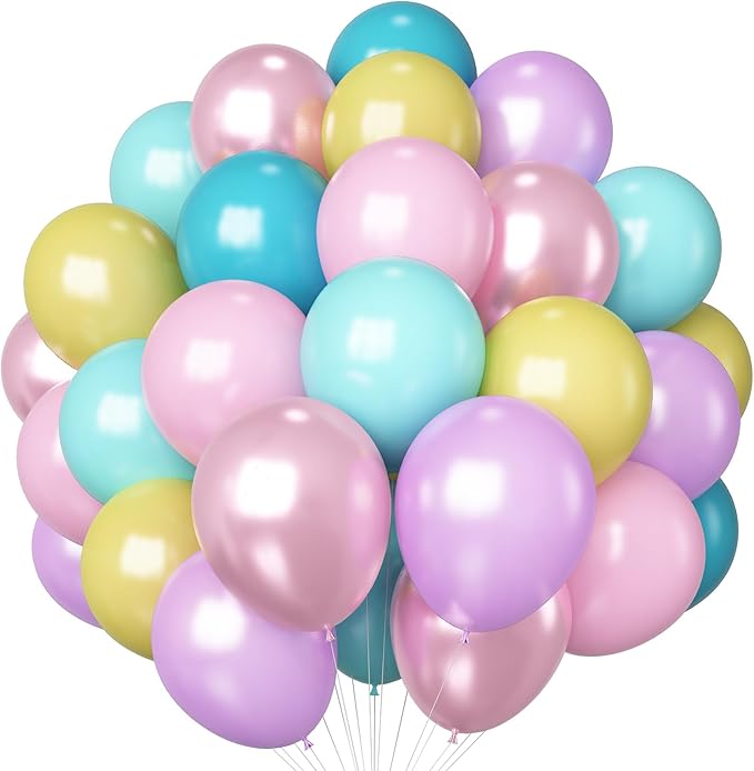 HILAVO Pastel Balloons 60 Pcs Metallic Pink Purple Teal Blue Yellow
