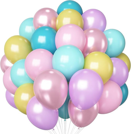 HILAVO Pastel Balloons 60 Pcs Metallic Pink Purple Teal Blue Yellow
