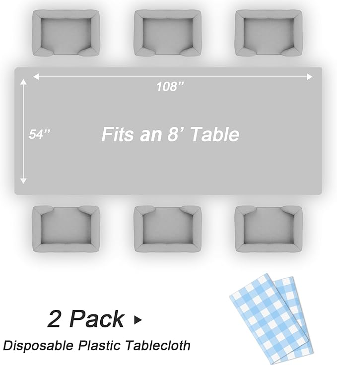 QIKSION Light Blue Gingham Tablecloth Disposable 2 Pack, 54 x 108