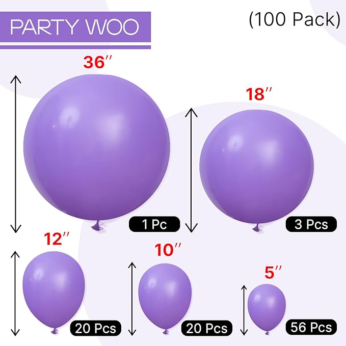 PartyWoo Purple Balloons 100 pcs Different Sizes of 36 18 12 10 5