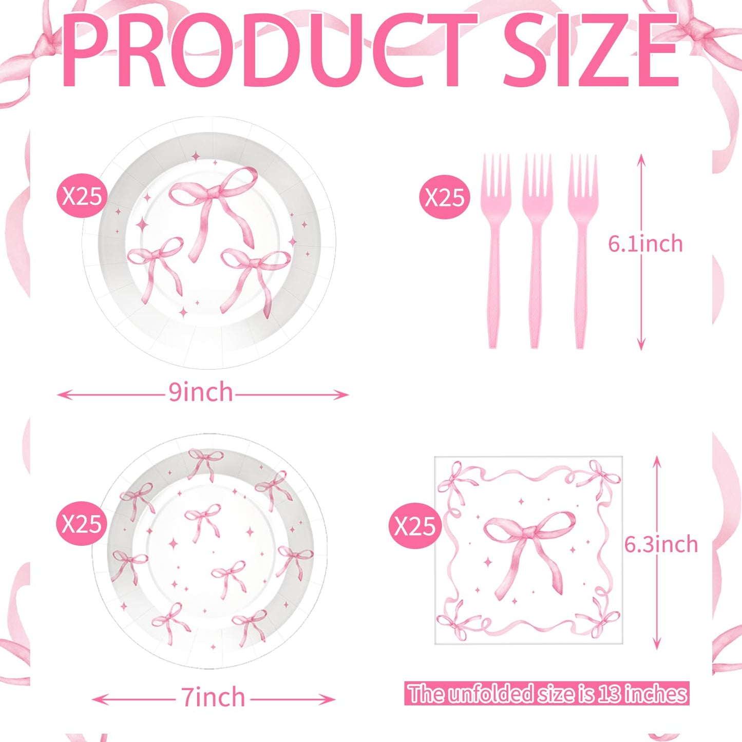 100 Pcs Pink Ribbon Bow Party Supplies Set, Serves 25 – Disposable