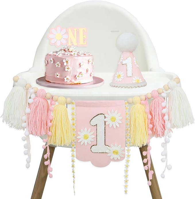 Pink Daisy Baby First Birthday Party Decorations Blue High Chair