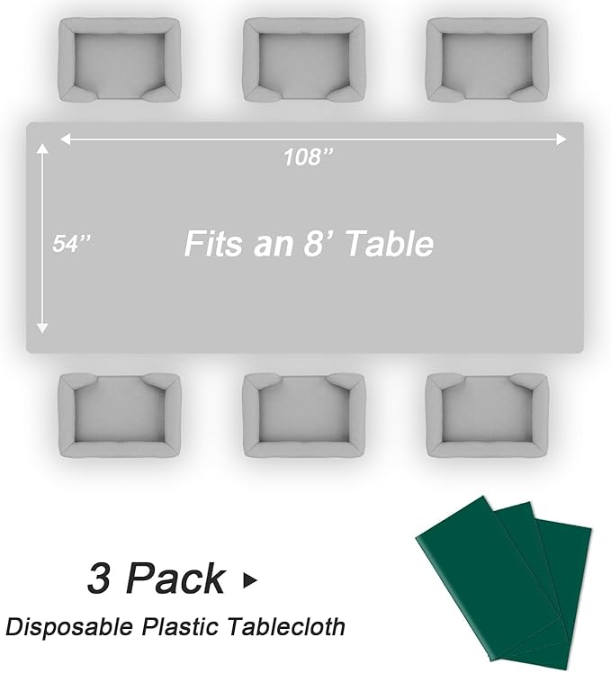 QIKSION Dark Green Plastic Table Cloth Disposable 3 Pack, 54 x 108