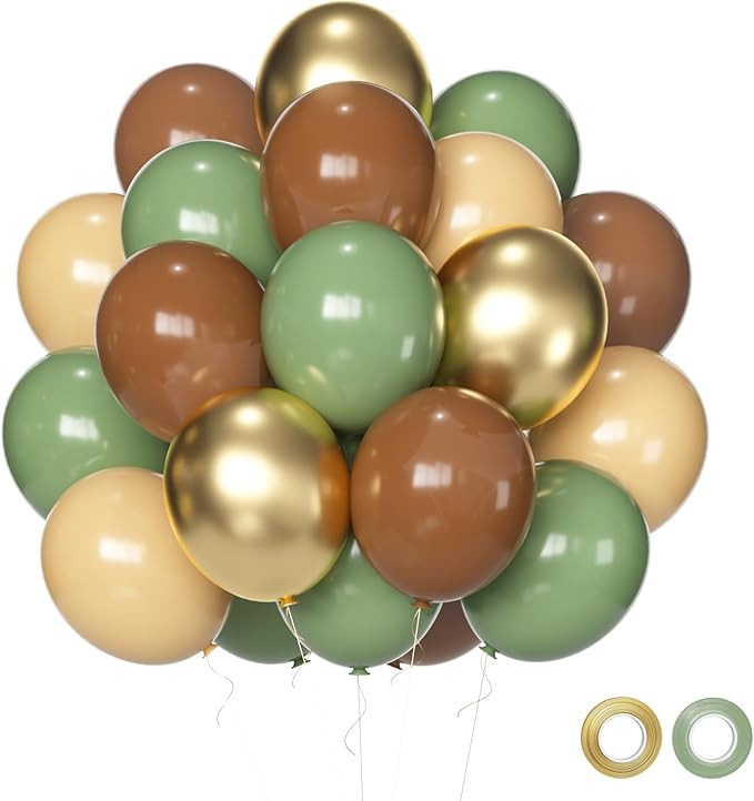 Brown Green woodland Party Balloons, 60 Pcs 12 Inch Sage Green Brown
