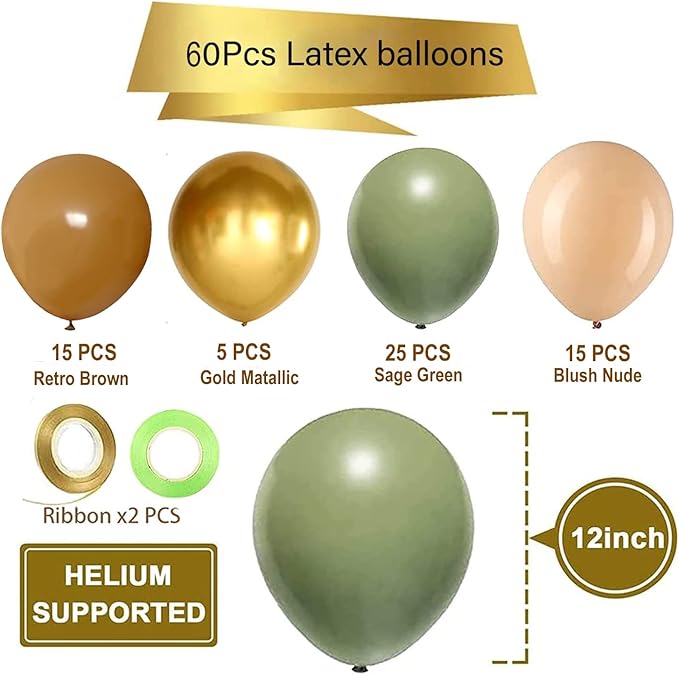 Brown Green woodland Party Balloons, 60 Pcs 12 Inch Sage Green Brown