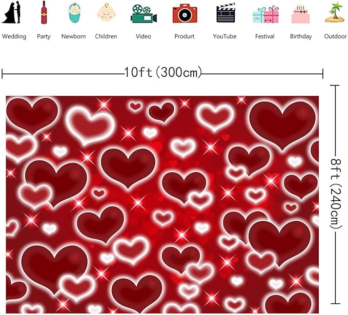 Red Heart Photo Backdrop Valentines Decorations 10x8FT Early 2000s