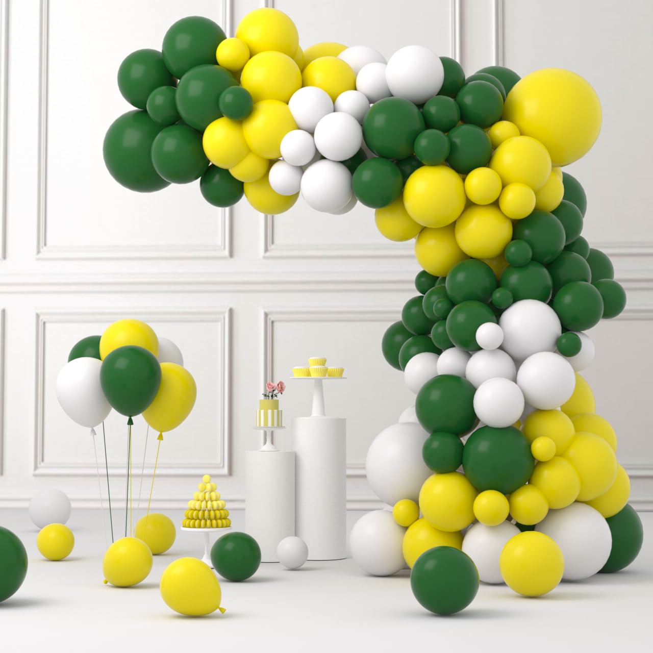 Retro Green Yellow White Balloon Garland Arch Kit, 122pcs Dark Green