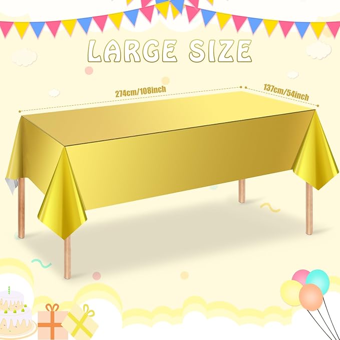 3 Pack Gold Plastic Tablecloth, Disposable Rectangle Table Covers,