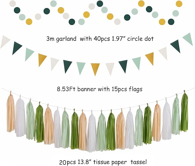 Sage Olive Green Gold Brown Boho Party Decorations 33pcs Paper