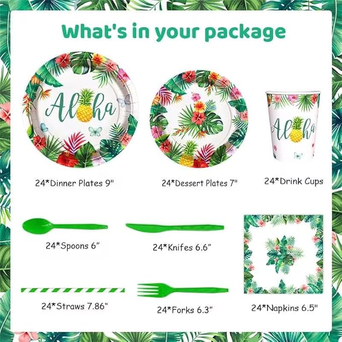 192 PCS Hawaiian Luau Party Decorations Tropical Paper Plates Cups