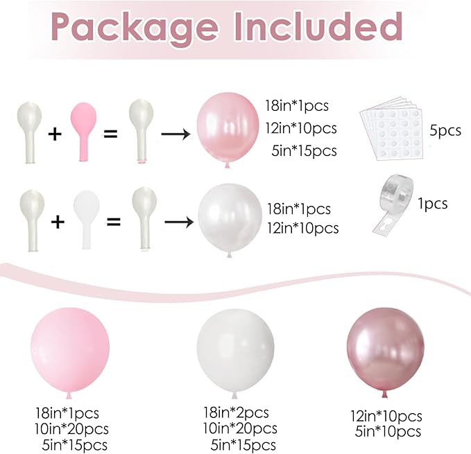 Pink and White Balloons Arch Kit, Double Stuffed Pastel Pink Balloon