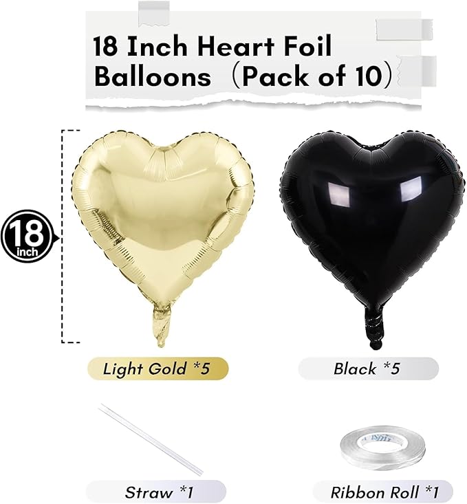 Black Gold Foil Heart Balloons, 18 Inch 10 Pcs Light Gold and Black