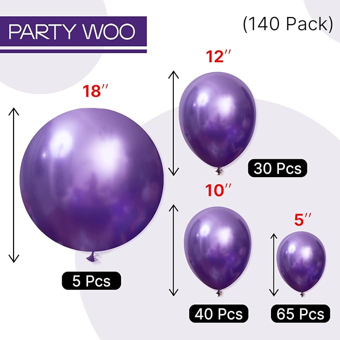 PartyWoo Metallic Purple Balloons 140pcs Different Sizes of 18 12 10