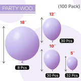 PartyWoo Lavender Balloons 100pcs Different Sizes Pack of 18 12 10 5