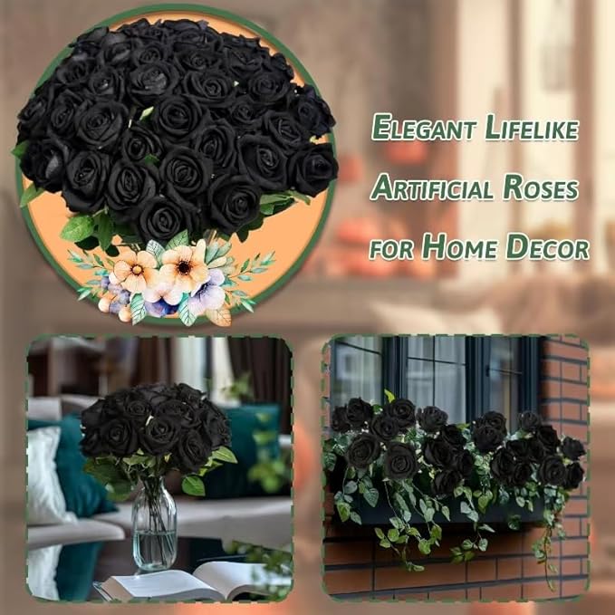 30 PCS Fake Black Roses Artificial Flowers Bulk Halloween