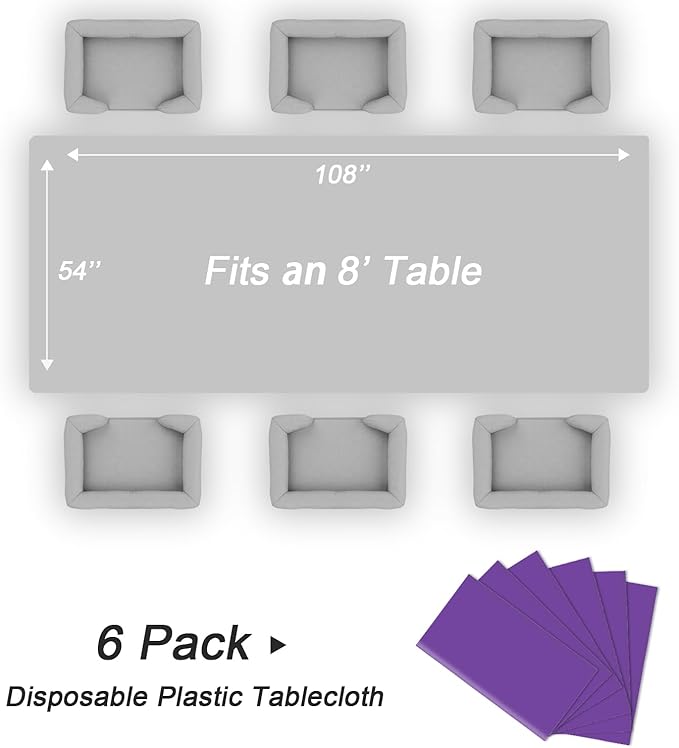 QIKSION Purple Plastic Table Cloth Disposable 6 Pack, 54 x 108 Inch