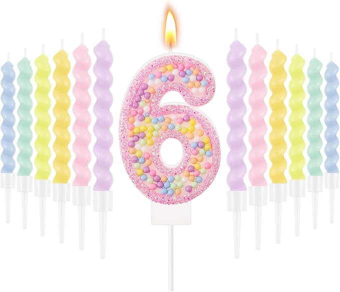 MTLEE Number 6 Birthday Candle with 12 Pcs Spiral Candles for Girls