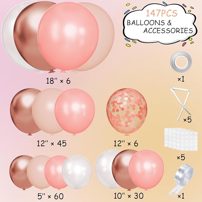 147PCS Rose Gold Balloon Garland Arch Kit Pearl Rose Gold Metallic