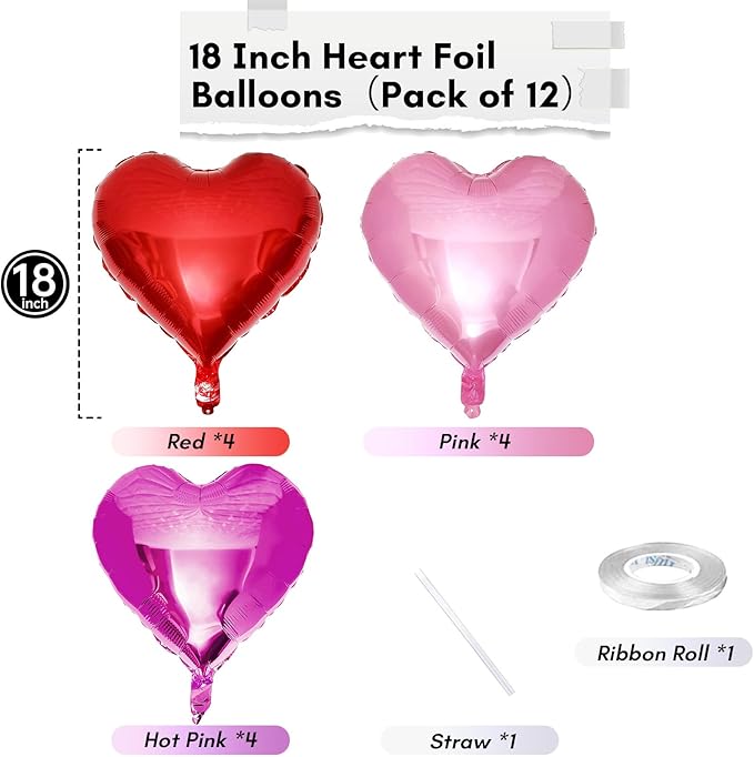 Hot Pink Foil Heart Balloons, 12 Pcs 18 Inch Mylar Heart Shaped Pink