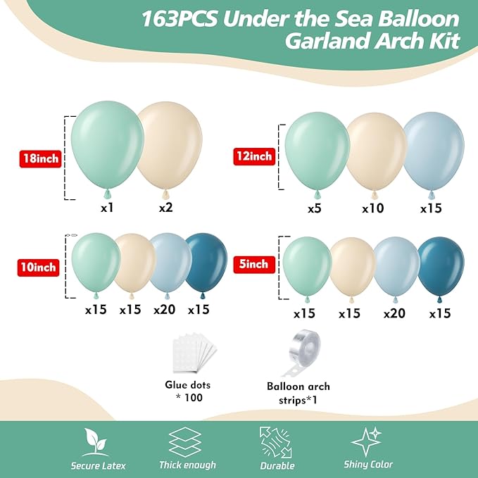 163Pcs Under The Sea Balloon Garland Arch Kit Ocean Theme Party