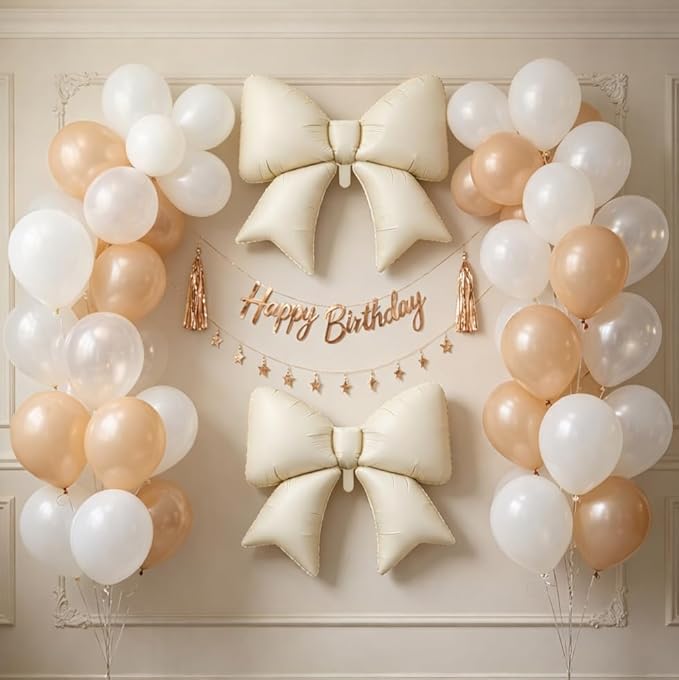 Cream Bow Foil Balloons 38 Inch, Large Beige White Bow Shaped Mylar