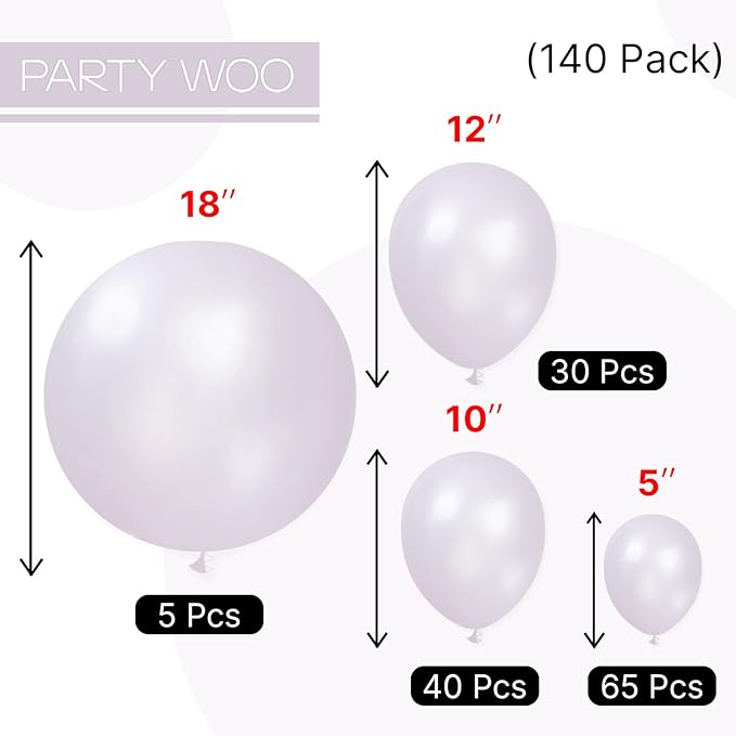 PartyWoo Pearl Lavender Balloons 140pcs Different Sizes Pack of 18 12