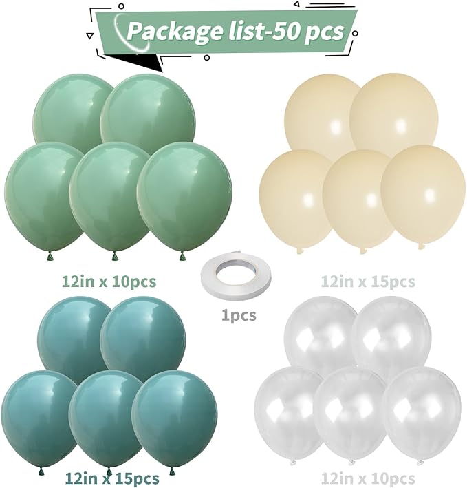Sage Green and White Balloons, 12 Inch Dusty Olive Green Blue Ivory