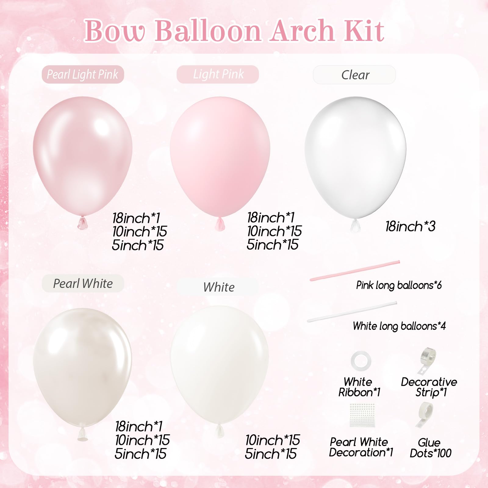 Pink Bow Balloon Arch Kit with Clear Light Pearl Pink and White