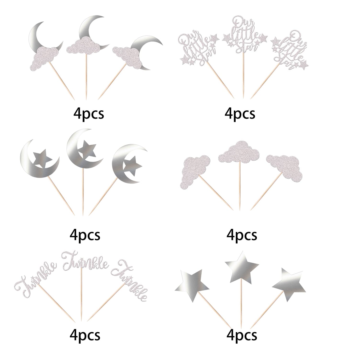 24 Pack Little Star Cupcake Toppers Glitter Moon Cloud Cupcake Picks