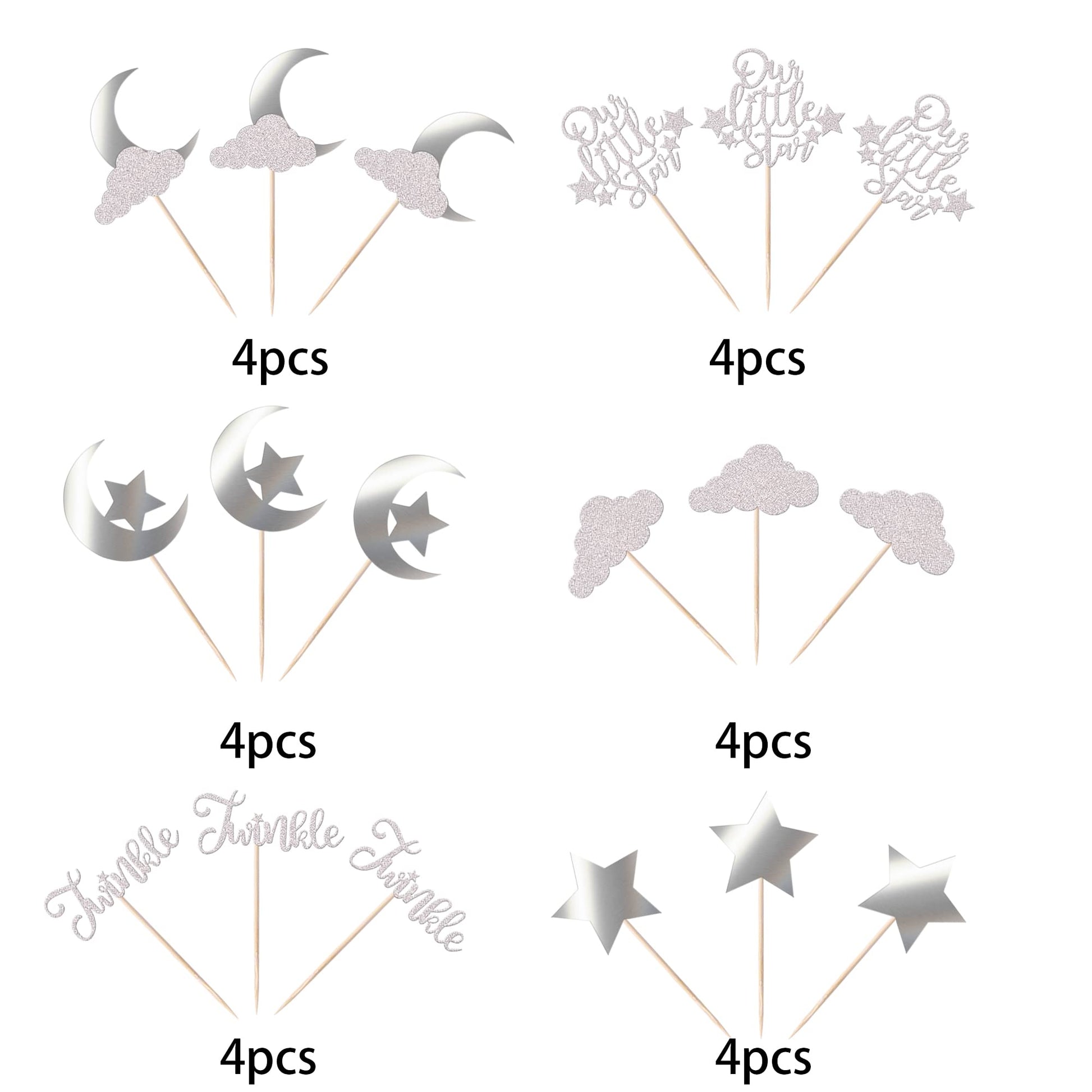 24 Pack Little Star Cupcake Toppers Glitter Moon Cloud Cupcake Picks