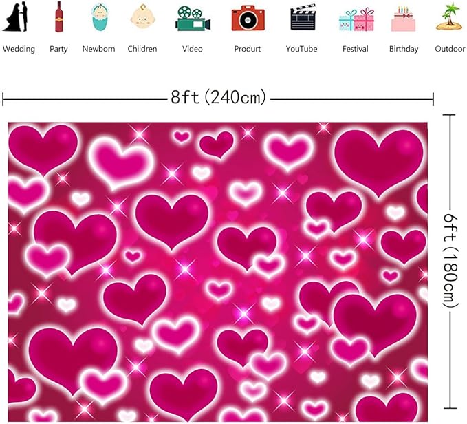 Hot Pink Heart Backdrop 8x6FT Valentines Decorations Early 2000s