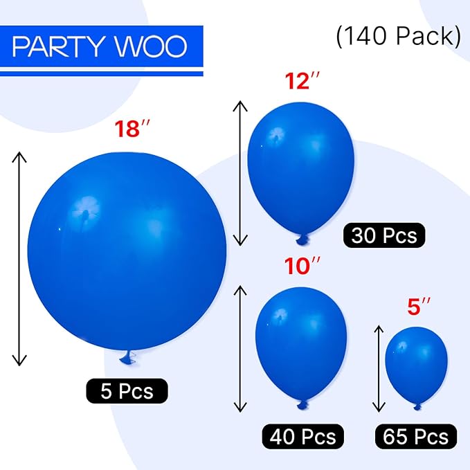PartyWoo Royal Blue Balloons 140pcs Different Sizes Pack of 18 12 10