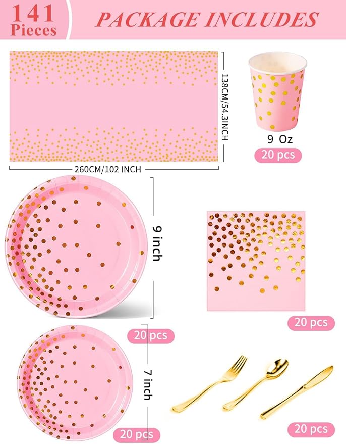 Nkaiso 141 Pieces Pink and Gold Party Supplies, Disposable Party
