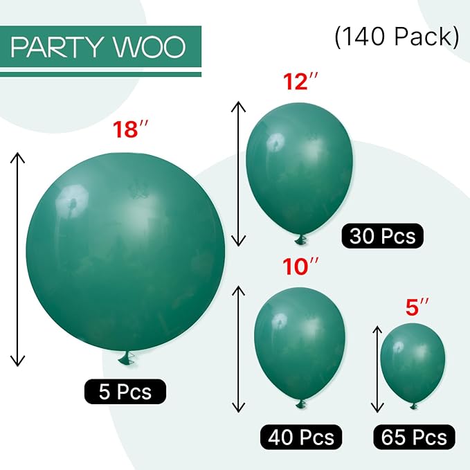 PartyWoo Dark Green Balloons 140pcs Different Sizes Pack of 18 12 10