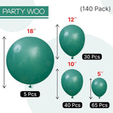 PartyWoo Dark Green Balloons 140pcs Different Sizes Pack of 18 12 10