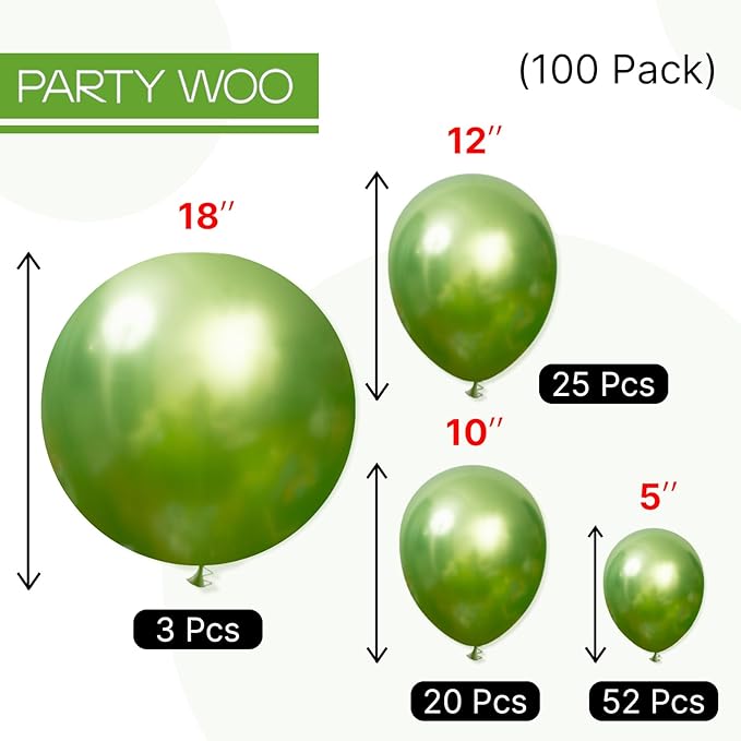 PartyWoo Metallic Green Balloons 100pcs Different Sizes of 18 12 10 5
